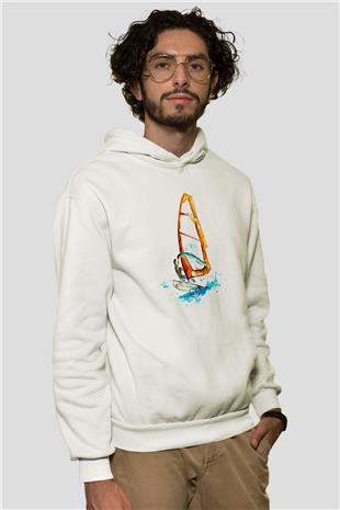 Rüzgar Sörfü Baskılı Unisex Ekru Hoodie