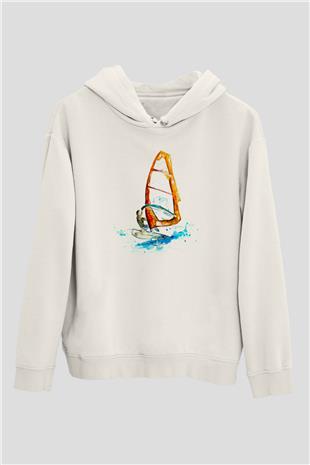Rüzgar Sörfü Baskılı Unisex Ekru Hoodie