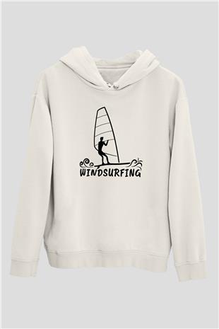 Rüzgar Sörfü Baskılı Unisex Ekru Hoodie