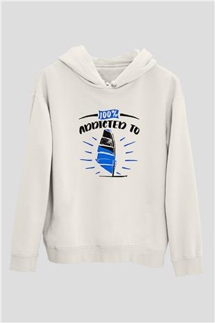 Rüzgar Sörfü Baskılı Unisex Ekru Hoodie