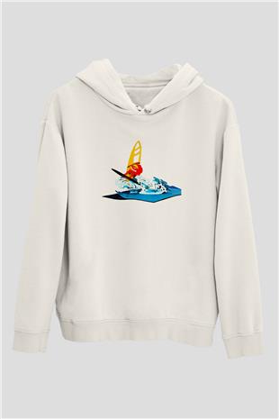 Rüzgar Sörfü Baskılı Unisex Ekru Hoodie