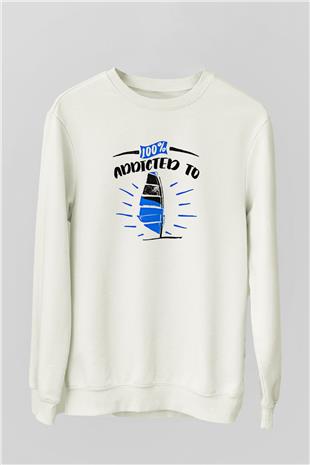 Rüzgar Sörfü Baskılı Unisex Ekru Sweatshirt