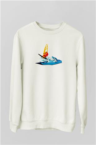Rüzgar Sörfü Baskılı Unisex Ekru Sweatshirt