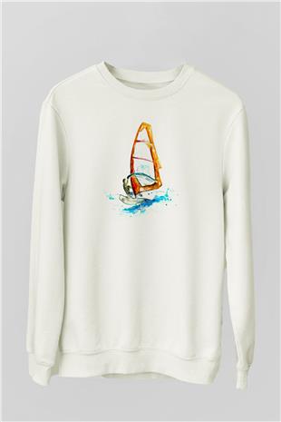 Rüzgar Sörfü Baskılı Unisex Ekru Sweatshirt