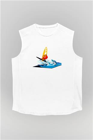 Rüzgar Sörfü Baskılı Unisex Kolsuz Beyaz Tişört
