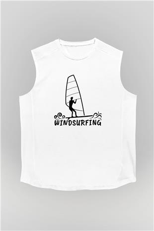Rüzgar Sörfü Baskılı Unisex Kolsuz Beyaz Tişört