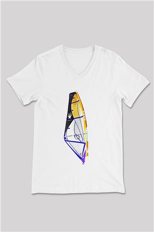 Rüzgar Sörfü Baskılı Unisex V Yaka Tişört - Tshirt