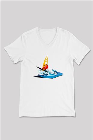 Rüzgar Sörfü Baskılı Unisex V Yaka Tişört - Tshirt