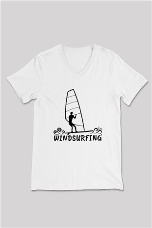 Rüzgar Sörfü Baskılı Unisex V Yaka Tişört - Tshirt