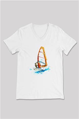 Rüzgar Sörfü Baskılı Unisex V Yaka Tişört - Tshirt