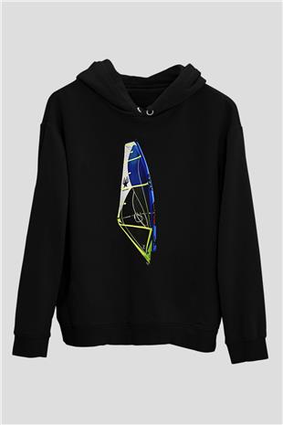 Rüzgar Sörfü - Windsurf Baskılı Unisex Siyah Kapüşonlu Sweatshirt