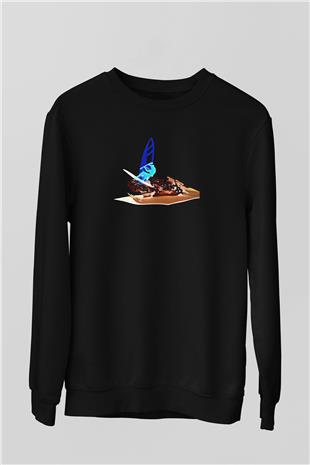 Rüzgar Sörfü - Windsurf Baskılı Unisex Siyah Sweatshirt