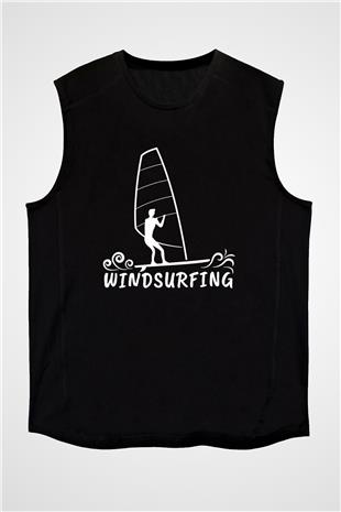 Rüzgar Sörfü - Windsurf Baskılı Unisex Siyah Kolsuz Tişört
