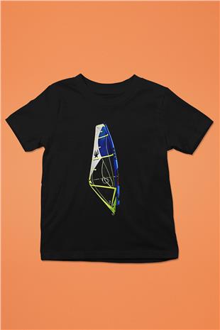 Rüzgar Sörfü - Windsurf Baskılı Unisex Siyah Çocuk Tİşörtü - Tshirt