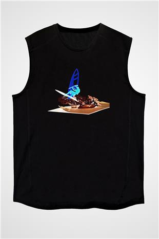 Rüzgar Sörfü - Windsurf Baskılı Unisex Siyah Kolsuz Tişört