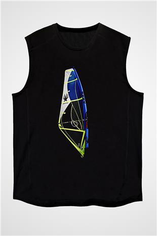 Rüzgar Sörfü - Windsurf Baskılı Unisex Siyah Kolsuz Tişört