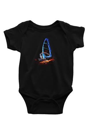 Rüzgar Sörfü - Windsurf Baskılı Unisex Siyah Bebek Body - Zıbın