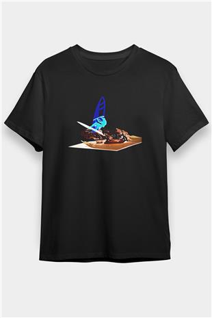Rüzgar Sörfü - Windsurf Baskılı Unisex Siyah Tişört - Tshirt