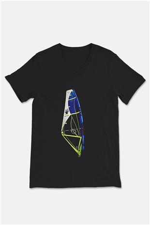 Rüzgar Sörfü - Windsurf Baskılı Unisex Siyah V Yaka Tişört