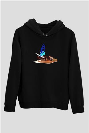 Rüzgar Sörfü - Windsurf Baskılı Unisex Siyah Kapüşonlu Sweatshirt