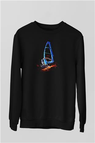Rüzgar Sörfü - Windsurf Baskılı Unisex Siyah Sweatshirt