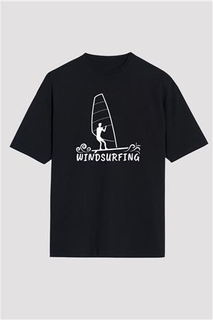 Rüzgar Sörfü - Windsurf Baskılı Unisex Siyah Oversize Tişört