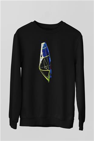 Rüzgar Sörfü - Windsurf Baskılı Unisex Siyah Sweatshirt