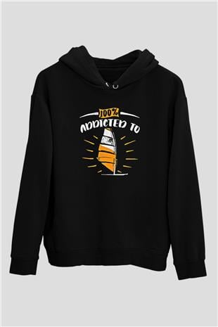 Rüzgar Sörfü - Windsurf Baskılı Unisex Siyah Kapüşonlu Sweatshirt
