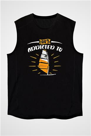 Rüzgar Sörfü - Windsurf Baskılı Unisex Siyah Kolsuz Tişört