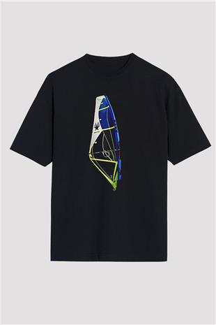 Rüzgar Sörfü - Windsurf Baskılı Unisex Siyah Oversize Tişört