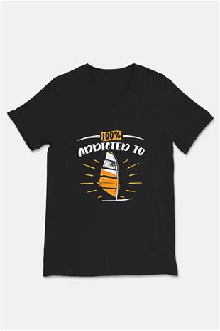 Rüzgar Sörfü - Windsurf Baskılı Unisex Siyah V Yaka Tişört