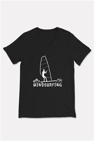 Rüzgar Sörfü - Windsurf Baskılı Unisex Siyah V Yaka Tişört