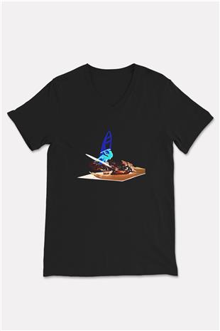 Rüzgar Sörfü - Windsurf Baskılı Unisex Siyah V Yaka Tişört