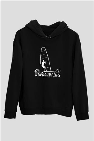 Rüzgar Sörfü - Windsurf Baskılı Unisex Siyah Kapüşonlu Sweatshirt