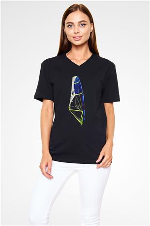 Rüzgar Sörfü - Windsurf Baskılı Unisex Siyah V Yaka Tişört