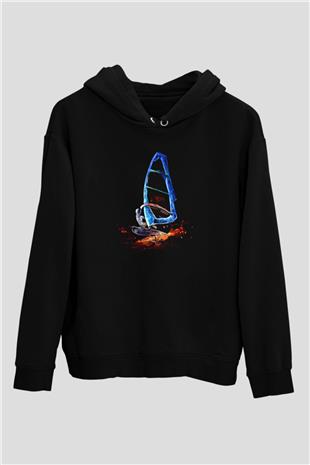 Rüzgar Sörfü - Windsurf Baskılı Unisex Siyah Kapüşonlu Sweatshirt