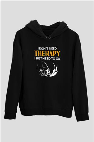 Rüzgar Sörfü - Windsurf Baskılı Unisex Siyah Kapüşonlu Sweatshirt