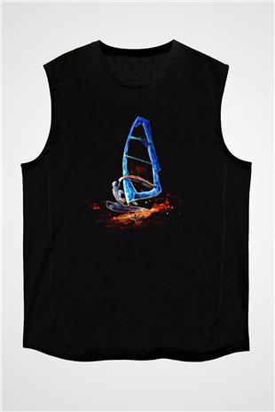 Rüzgar Sörfü - Windsurf Baskılı Unisex Siyah Kolsuz Tişört
