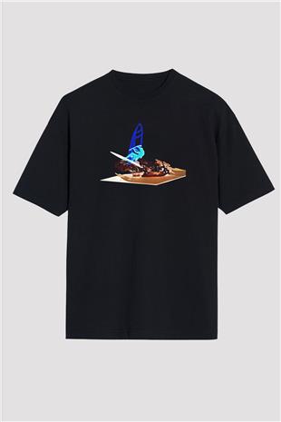 Rüzgar Sörfü - Windsurf Baskılı Unisex Siyah Oversize Tişört
