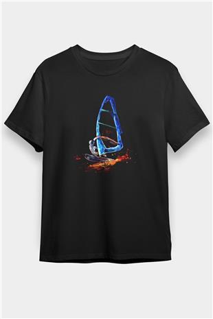 Rüzgar Sörfü - Windsurf Baskılı Unisex Siyah Tişört - Tshirt
