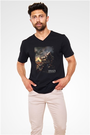S.T.A.L.K.E.R. Siyah Unisex V Yaka Tişört T-Shirt