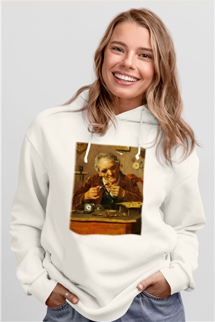Saatçi Beyaz Unisex Hoodie