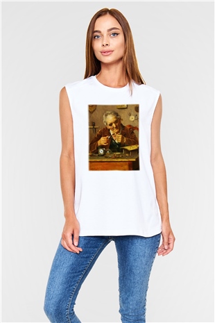 Saatçi Beyaz Unisex Kolsuz Tişört