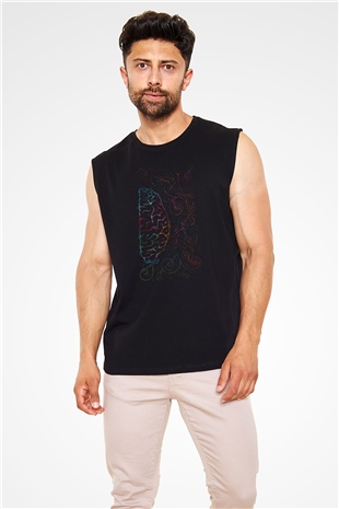 Sağ Beyin Sanat Müzik Baskılı Unisex Siyah Kolsuz Tişört