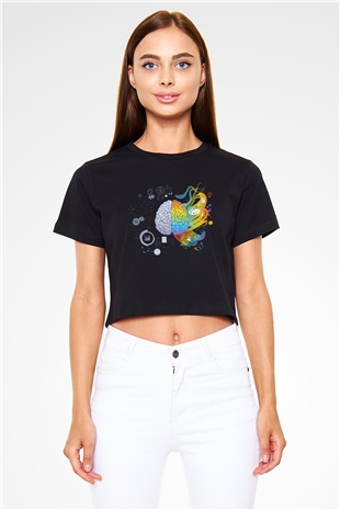 Sağ Beyin Sol Beyin Baskılı Siyah Kadın Crop Top Tişört