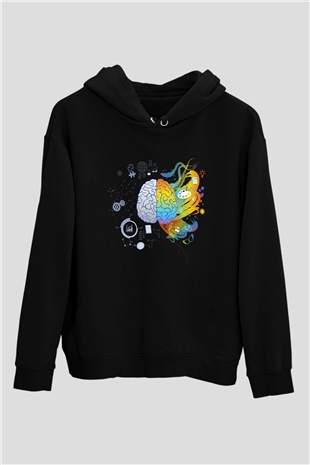 Sağ Beyin Sol Beyin Baskılı Unisex Siyah Hoodie