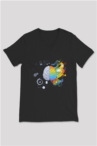 Sağ Beyin Sol Beyin Baskılı Unisex Siyah V Yaka Tişört