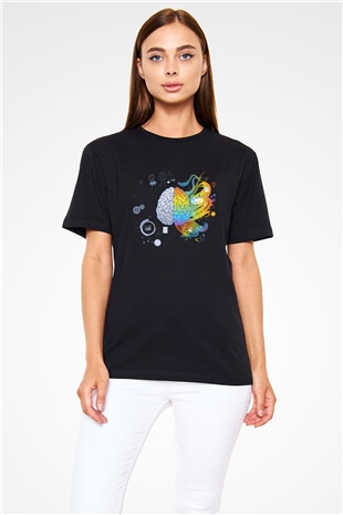 Sağ Beyin Sol Beyin Baskılı Unisex Siyah Tişört