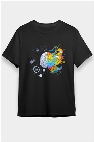 Sağ Beyin Sol Beyin Baskılı Unisex Siyah Tişört