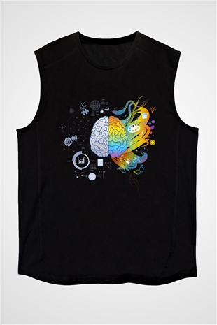 Sağ Beyin Sol Beyin Baskılı Unisex Siyah Kolsuz Tişört